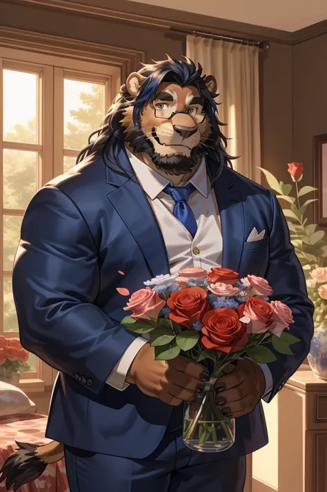 old chubby lion, accessory, anthro, glasses, (dark blue long hair:1.3), seductive look, bedroom eyes, smirk, looking at viewer, facial hair, inside, indoors, entering house, bouquet, clothing, countershading, flower, rose bouquet,holding bouquet, holding f...