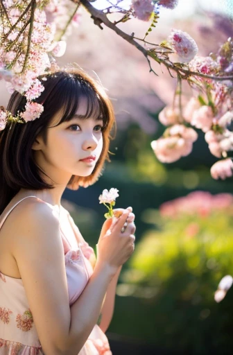 ((ＳＦＷ：1.4)),((highest quality)), ((masterpiece)), (detailed),RAW Photos, Realistic,リアルな 超detailed, finely, High resolution, 8K Wallpaper Perfect Face,Anatomically correct body, Image of a garden with cherry trees and falling petals, Sunset Light, A beautif...