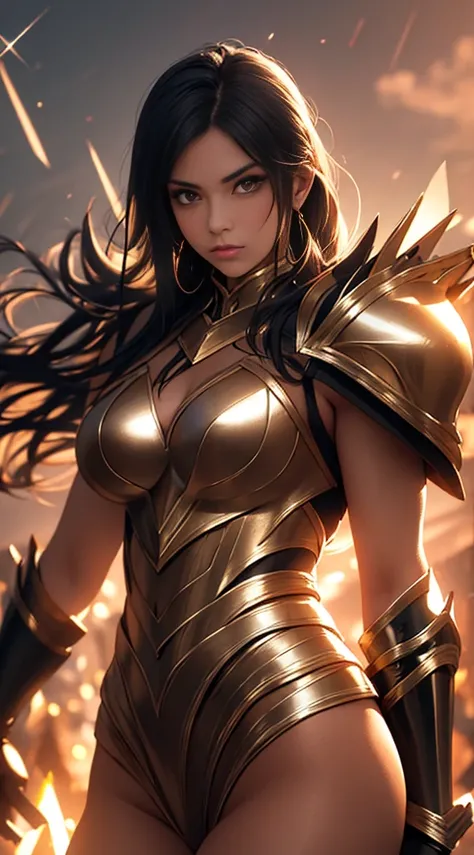 Ultra-high saturation，（tmasterpiece）， fully body photo，（best qualtiy）， （1girll）， starryskybackground，Wearing shiny gold armor， cool-pose， Saint Seiya Armor， messy hair，high detal, Anime style, Cinematic lighting, Sparkle, god light, Ray traching, filmgrain...