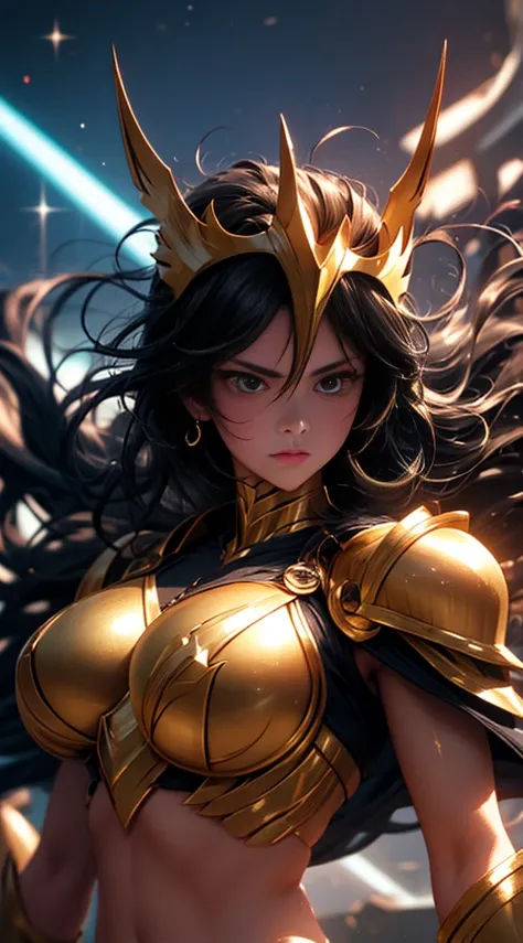 Ultra-high saturation，（tmasterpiece）， fully body photo，（best qualtiy）， （1girll）， starryskybackground，Wearing shiny gold armor， cool-pose， Saint Seiya Armor， messy hair，high detal, Anime style, Cinematic lighting, Sparkle, god light, Ray traching, filmgrain...