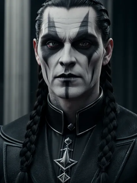 1man, vampire, "corpse paint" facepaint, slicked back braided long hair, symmetrical portrait, 8k portrait render, ultrarealistic 8k, unreal engine character art.