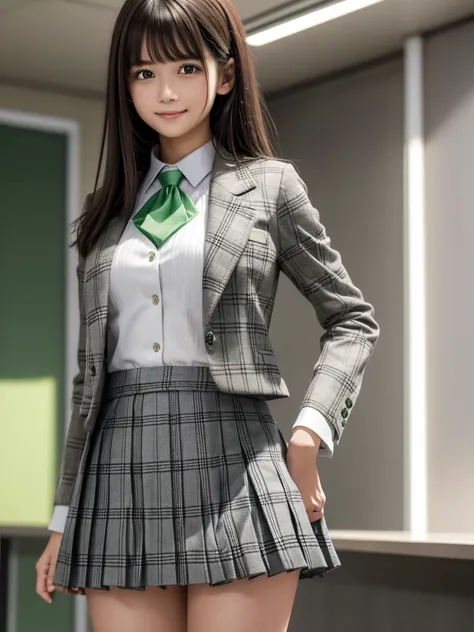 (8k, RAW Photos, highest quality), Stand in the classroom of school, (((((((One woman))))))), ((Brown Hair)), ((Semi-long hair)), ((Detailed eyes)), ((smile)), ((White blouse)), ((tie)), (((Dark grey closed blazer))), (((A green plaid pleated miniskirt tha...