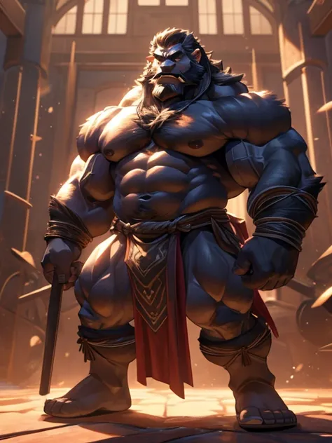 A burly, virile, and extremely hairy man who exudes an overwhelming sense of power and masculinity. His body is overmuscular and musclebound, with bulging veiny muscles that seem to strain against his skin. Broad shoulders and a wide chest adorn his massiv...