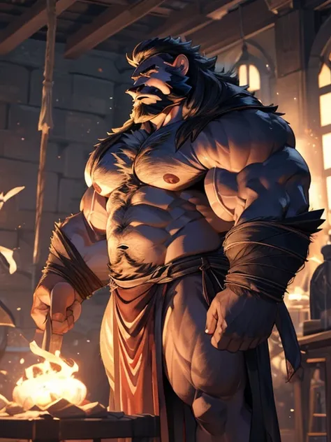 A burly, virile, and extremely hairy man who exudes an overwhelming sense of power and masculinity. His body is overmuscular and musclebound, with bulging veiny muscles that seem to strain against his skin. Broad shoulders and a wide chest adorn his massiv...