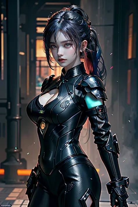 Game Art，Best image quality，Highest Resolution，8k，((Bust photo))，((Portraiture))，(Three-part method)，Unreal Engine 5 rendering， (Future Girl)，(Woman warrior)， 22 year old girl，(Female Hacker)，(Rainbow Hair:1.3)，(Ancient oriental hairstyle)，(Red eye pupil:1...