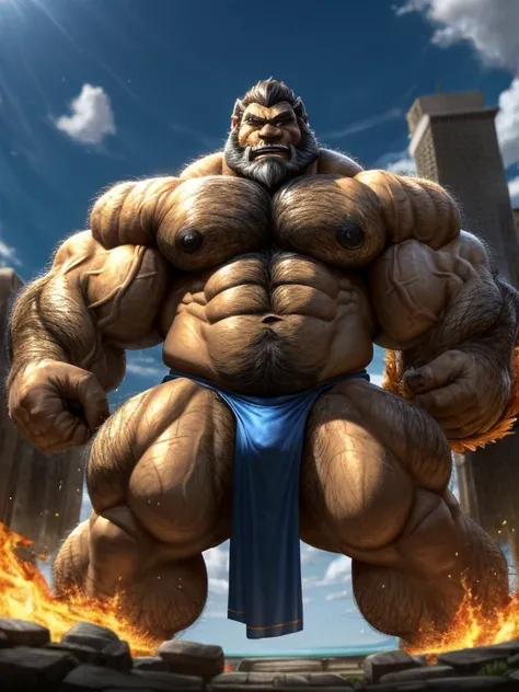 A burly, virile, and extremely hairy man who exudes an overwhelming sense of power and masculinity. His body is overmuscular and musclebound, with bulging veiny muscles that seem to strain against his skin. Broad shoulders and a wide chest adorn his massiv...