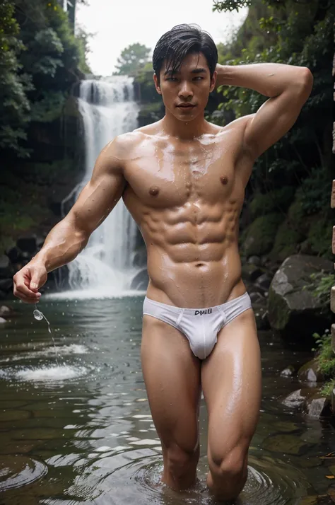 korean men, fit, white skin, Have muscles, Six pack, waterfall, Age 20, Thin panties, Pose, The thin cloth was wet and could be seen through., wet, water droplets splashing, 1 leg stepping on stones