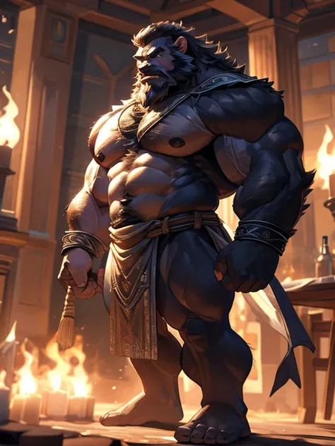 A burly, virile, and extremely hairy man who exudes an overwhelming sense of power and masculinity. His body is overmuscular and musclebound, with bulging veiny muscles that seem to strain against his skin. Broad shoulders and a wide chest adorn his massiv...