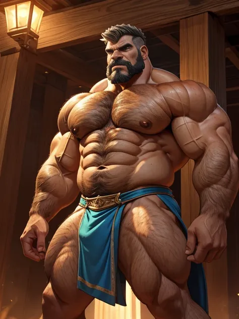 A burly, virile, and extremely hairy man who exudes an overwhelming sense of power and masculinity. His body is overmuscular and musclebound, with bulging veiny muscles that seem to strain against his skin. Broad shoulders and a wide chest adorn his massiv...