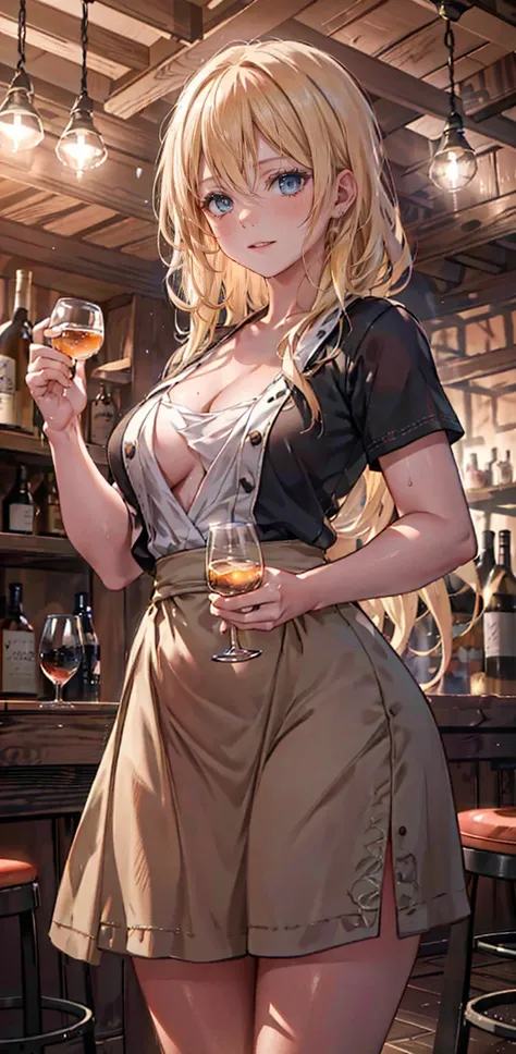 a beautiful detailed girl in a rustic tavern, fighting with a wild delirious expression, long straight blonde hair, holding a glass of whiskey, sensual romantic portrait, (best quality,4k,8k,highres,masterpiece:1.2),ultra-detailed,(realistic,photorealistic...