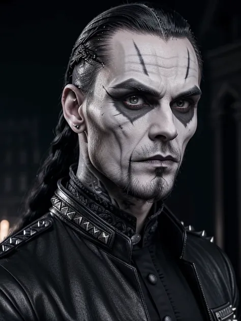 1man, vampire, "corpse paint" facepaint, slicked back braided long hair, beard along cheekbones, very thin lips, high collar stu...