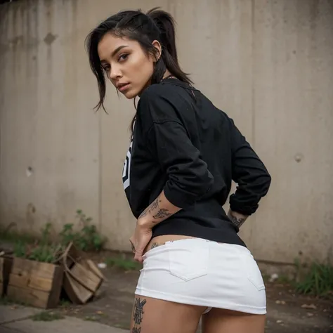 Sexy Latina girl hair Black long right ponytail sexy miniskirt  outfit sweater Make-up intence miniskirt elegant glamour România  country hill forest Medium ass silicon breasts dinamic show ass porn actrice excited tattoos  front cameraDevin ai image a coc...