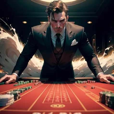 A high-stakes casino man, clad in a sleek, black suit, is angrily pulling back the lush, green felt of a poker table, the tension palpable in his every move. The table, illuminated by dramatic lighting, casts long, dramatic shadows across the opulent, high...