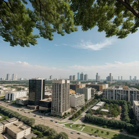 Plaza central, modern skyscraper surrounded by trees, highway expansion, zoning, barrio residencial, factories, lagos, elementos sostenibles