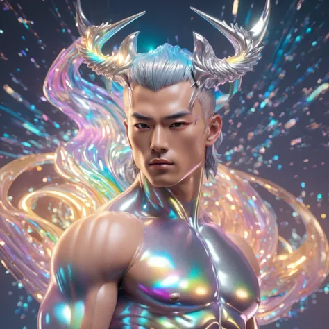 (mid_shot:1.3),(1 male:1.2),(muscle man:1.1),(frontal illumination:1.2),with a silver body and glitters with lights above,extreme iridescent reflection,in the style of vray tracing,vibrantmanga,shiny/ glossy,rococo pastel,fluid form,tinycore,fluid impressi...