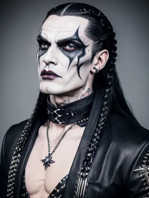 1man, vampire, "corpse paint" facepaint, slicked back braided long hair, beard along cheekbones, very thin lips, high collar stu...