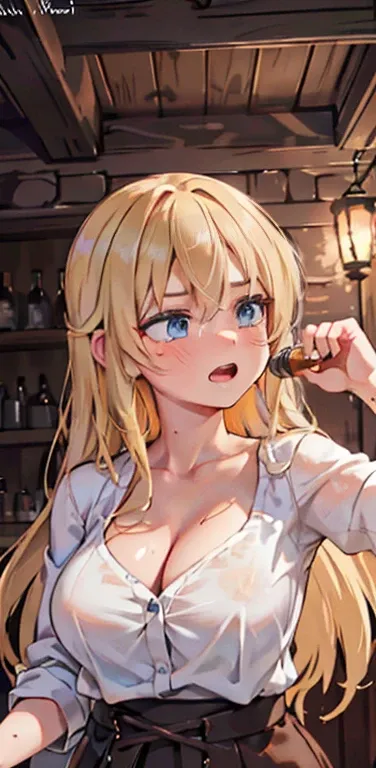 a beautiful detailed girl in a rustic tavern, fighting with a wild delirious expression, long straight blonde hair, holding a glass of whiskey, sensual romantic portrait, (best quality,4k,8k,highres,masterpiece:1.2),ultra-detailed,(realistic,photorealistic...