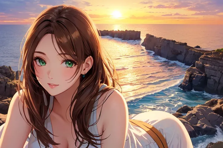 Woman in Greece portrait anime green eyes Nikon camera sunset hour realistic photography Beach House at Greek island animation realistic brown hair