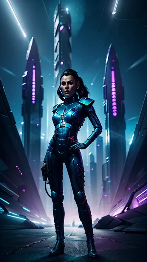 futuristic aeldari wearing a sleek silver jumpsuit embedded with light-up circuitry, standing confidently with her hands on her ...