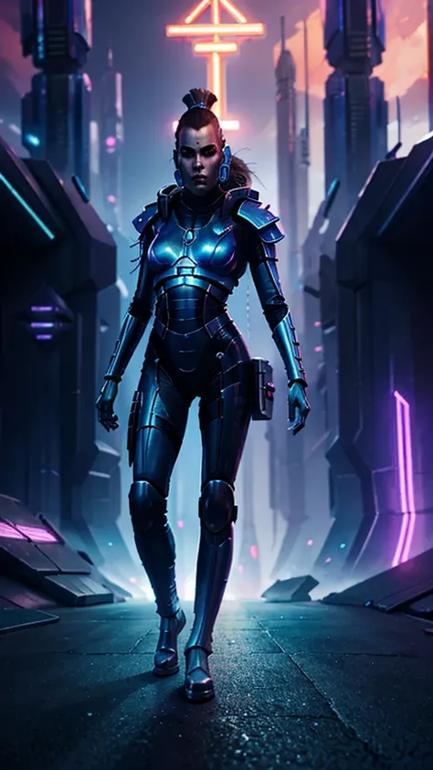 futuristic aeldari wearing a sleek silver jumpsuit embedded with light-up circuitry, standing confidently with her hands on her ...