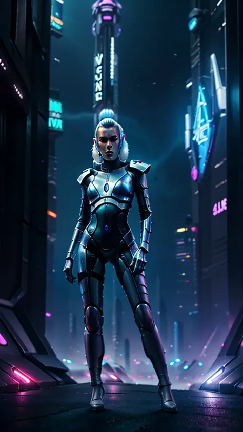 futuristic aeldari wearing a sleek silver jumpsuit embedded with light-up circuitry, standing confidently with her hands on her ...