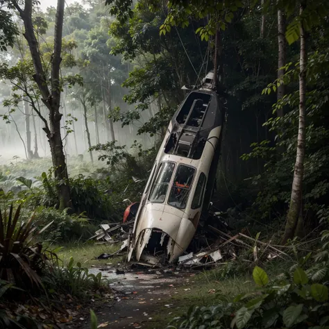 an image of a helicopter crashed in a foggy jungle, with increasing levels of damage and severity, ultimately resulting in a fatal crash with no survivors, only one helicopter, no one being around.