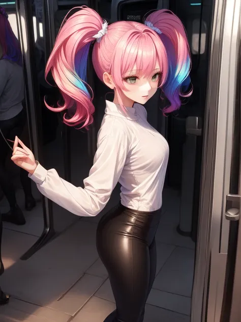 beautiful woman with rainbow gradient hair (mega twintails) 8k, masterpiece, highly detailed, solo,
(metro city),
boom shot,
dan...