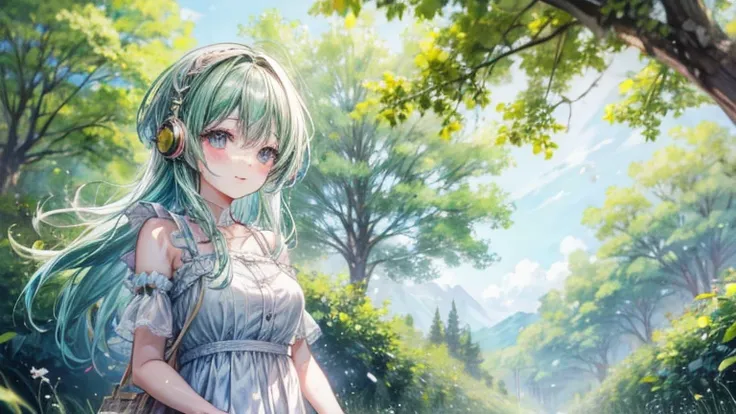 beautiful and happy anime girl, listening to music in a grass and trees and the background that is blurred and that it is daytim...