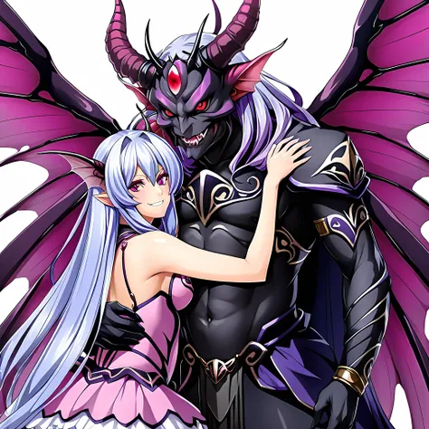 ((highest quality)), ((masterpiece)), (detailed), （A perfect demon king of flies, with four large fly wings and a strange appearance.）、（The woman is an Extia with light blue, medium-long hair and a blue and white transformation costume.）、((A woman and the ...