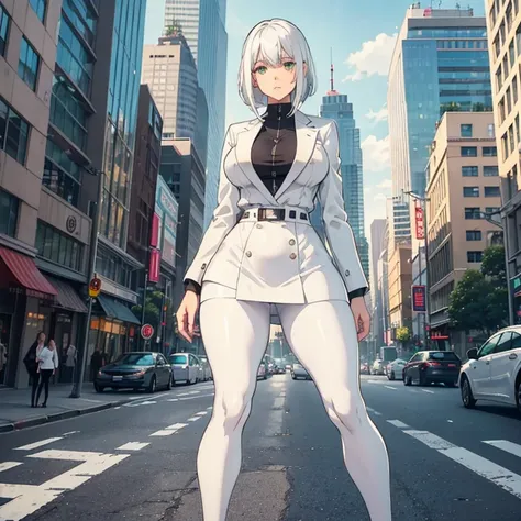 1woman, matured, motherly, but youthful appearance, smooth skin. White hair shoulder length, bangs, green eyes. TALL, curvaceous bit lean, wide hips but SLIM waist. Wearing, white knee-length skirt, and black fleeced leggings underneath. White business jac...