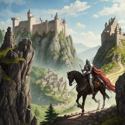 Knight climbing up the mountain to begin his journey, With the castle behind him because he leaves the kingdom.