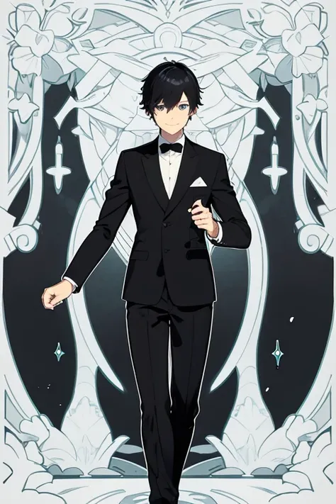 A young male, handsome, smiling, black short hair, blue eyes, wearing a black modern suit, full-body shot, bright and brave, smart, optimistic, fairy tale style, white background, individual,illustration