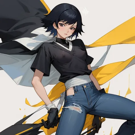 ((highest quality)), ((masterpiece)), (Familiar),  BLEACH,Soi Fon, 1 girl, alone,  Erect nipples, Black Hair,Slanted Eyes, Black clothes,Black Shirt,jeans, thin, short hair, Small breasts, gloves, 