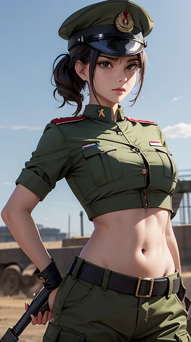 
Women in crop top soldier uniform, soldier hat,  exposed abdomen area, very low waist cargo pants, (navel piercing) , fat