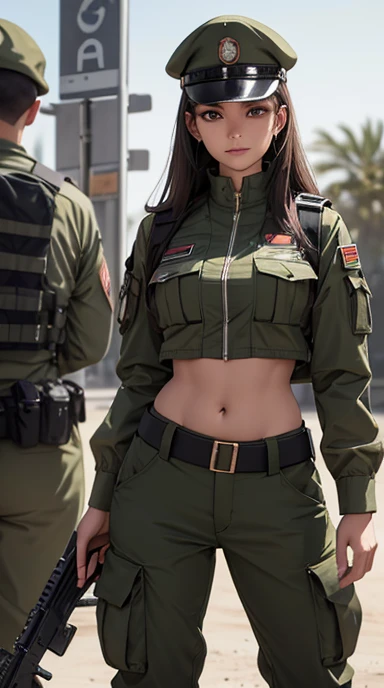 
Women in crop top soldier uniform, soldier hat,  exposed abdomen area, very low waist cargo pants, (navel piercing) , fat