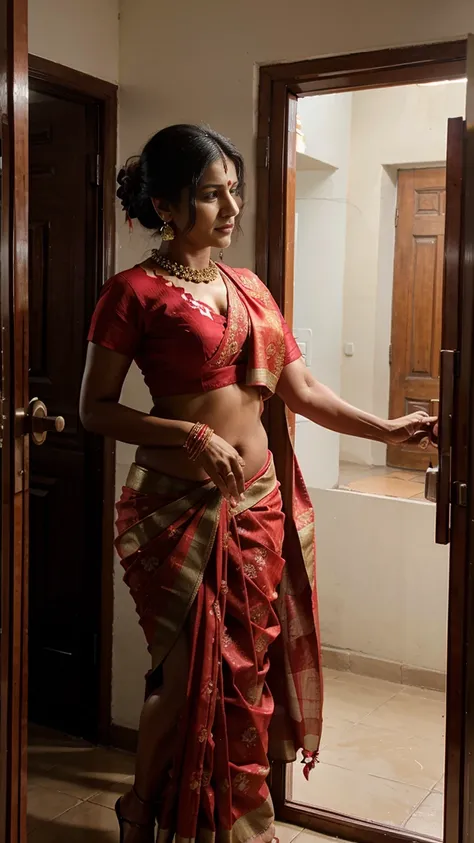 Indian milf opening a door, traditional red saree, ripped saree