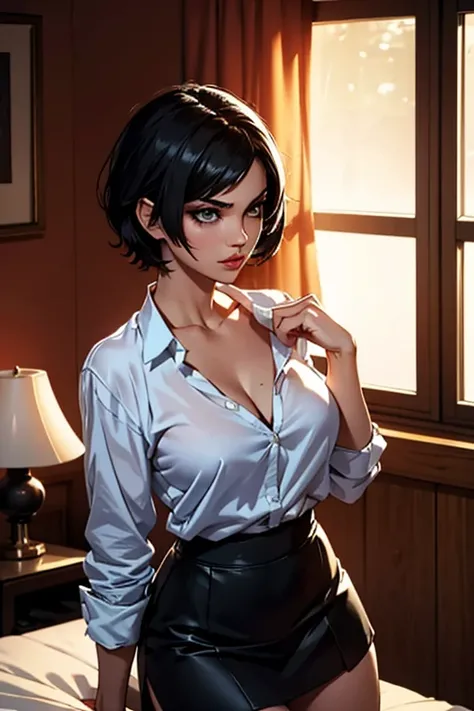 Eliza From Tekken, short black hair, sexy look, casual blouse with low neckline, short skirt, sensual pose, in the bedroom with soft lighting in the room