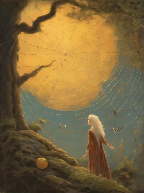 arafed image of a woman in a spider web with a full moon in the background, a detailed painting by Ida Rentoul Outhwaite, flickr, net art, darrell k sweet, with cobwebs, lace web, micheal whelan, dew, michael whelan and gustave done, painting by john howe,...