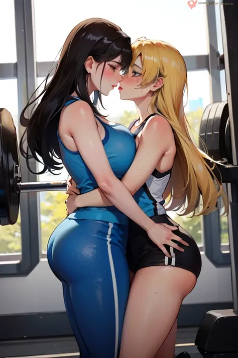 Chica lesbiana en el gym con traje escolar,big breasts and big ass while sweating she is kissing with another girl