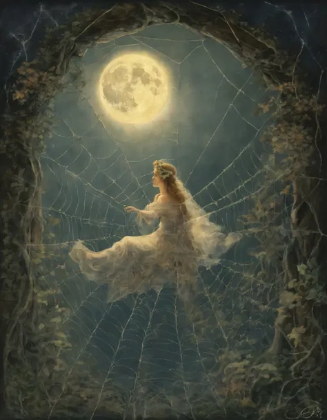 arafed image of a woman in a spider web with a full moon in the background, a detailed painting by Ida Rentoul Outhwaite, flickr, net art, darrell k sweet, with cobwebs, lace web, micheal whelan, dew, michael whelan and gustave done, painting by john howe,...