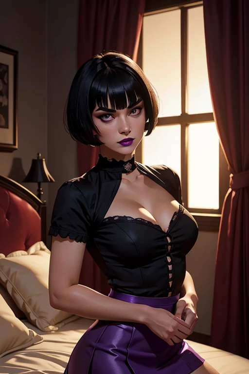 Eliza From Tekken, short black hair with bangs past her shoulders, short hair at the back of her head, sexy look, soft gothic makeup on her eyes, purple lipstick, casual blouse with a low neckline, short skirt, sensual pose, in the bedroom with soft lighti...