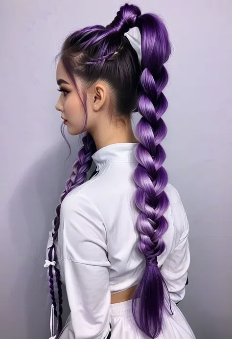 Couple Photo, personality, girl with Purple white gradient double braid long ponytail, (masterpiece, best quality, Professional, perfect composition, very aesthetic, absurdres, ultra-detailed, intricate details:1.3)