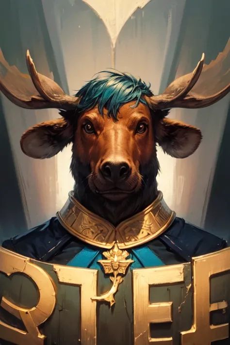 ((best quality)), cartoon, male moose head, (stylized painting) (painted on heraldry insignia)