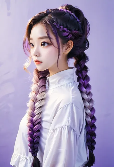 Couple Photo, Purple white gradient double braid long ponytail, personality, (masterpiece, best quality, Professional, perfect composition, very aesthetic, absurdres, ultra-detailed, intricate details:1.3)