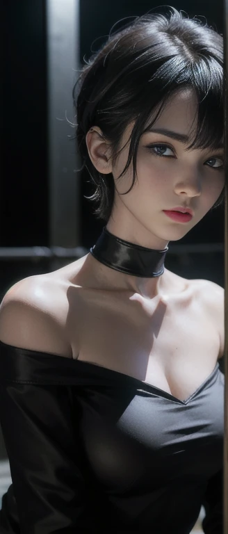 (Optimal lighting, The best shadow, Very high resolution), (Practical:1.5), photo, (Sexy look:1.2), female model with off-shoulder top, (Dark atmosphere:1.3), Deep Shadows, cold color temperature, (short hair:1.2).