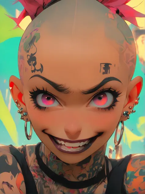 a close up of a woman with a shaved head and piercings, chrome facial piercings, huge earrings and queer make up, septum piercing, piercings collar, face piercings, wearing spikes and piercings, facial piercings, nose ring, shaved face, shaved head, 1 7 - ...