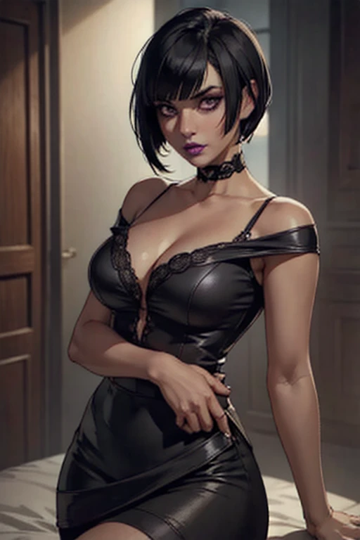 Eliza From Tekken, short black hair with bangs past her shoulders, short hair at the back of her head, sexy look, soft gothic makeup on her eyes, purple lipstick, casual light blouse with low neckline, short black skirt made of light fabric, sensual pose, ...