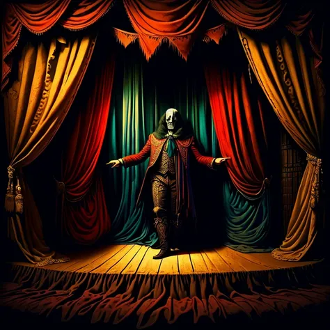 on a theater curtain there is a circus man (terrifying, con traje detallado, colorful and gothic style) abriendo un libro negro....