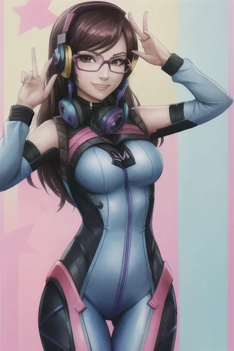 woman sssniperwolf smiling in glasses wearing a dva cosplay with blue bodysuit and headphones masterpiece, best quality