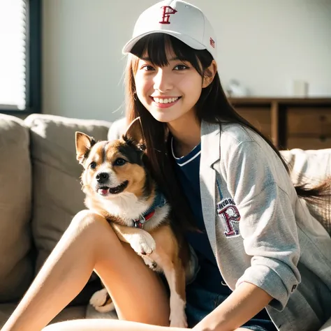 18歳の日本人女子高生が柴犬を膝に乗せSitting on the couch, 小型With the dog, Wearing a blazer uniform, showing his paws to viewer, With the dog, Sitting on the couch,smile,(Realistic:1.4), highest quality,( RAW 8k Photos:1.4), (Highly detailed beautiful Japanese girls), (Very...